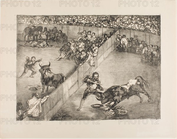 Bullfight in a divided ring, from The Bulls of Bordeaux, 1825, Francisco José de Goya y Lucientes, Spanish, 1746-1828, Spain, Lithographic crayon and scraper on light tan wove paper, 304 x 413 mm (image), 396 x 506 mm (sheet)