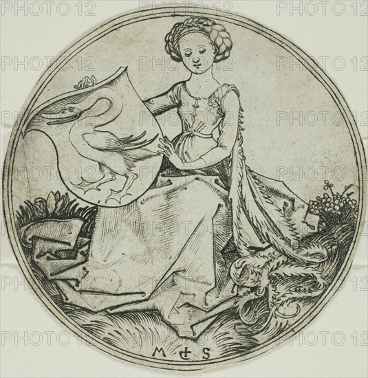 Shield with a Swan, Held by a Seated Lady, n.d., Martin Schongauer, German, c. 1450-1491, Germany, Engraving on paper, Diam. 78 mm