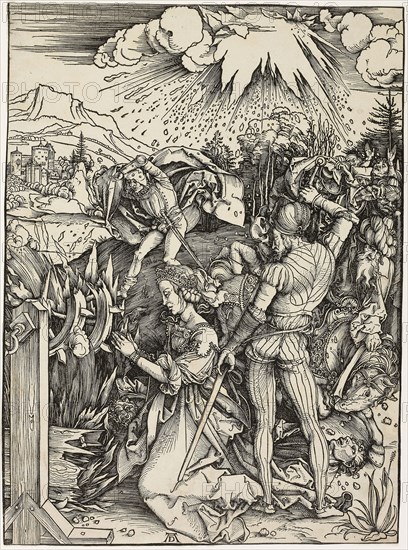 The Martyrdom of St. Catherine, c. 1498, Albrecht Dürer, German, 1471-1528, Germany, Woodcut in black on ivory laid paper, 384 x 282 mm