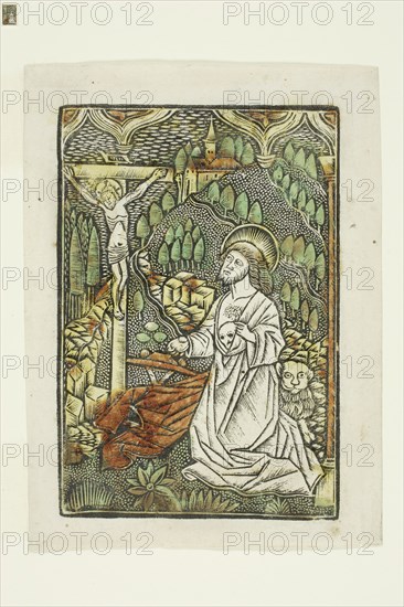 Penitence of Saint Jerome, c. 1480, Unknown artist, German, active c. 1480, Germany, Metalcut with hand-coloring on paper, 120 x 82 mm (plate), 140 x 104 mm (sheet)