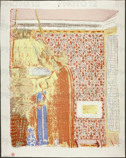 Interior with Pink Wallpaper II, plate six from Landscapes and Interiors, 1899, Edouard Vuillard (French, 1868-1940), printed by Auguste Clot (French, 1858-1936), published by Ambroise Vollard (French, 1867-1939), France, Color lithograph on grayish-ivory China paper, 354 × 284 mm (image), 392 × 311 mm (sheet)