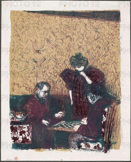 The Game of Checkers, plate one from Landscapes and Interiors, 1899, Edouard Vuillard (French, 1868-1940), printed by Auguste Clot (French, 1858-1936), published by Ambroise Vollard (French, 1867-1939), France, Color lithograph on grayish-ivory China paper, 369 × 285 mm (image), 380 × 308 mm (sheet)