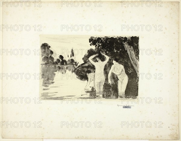 Women Bathing: Day, c. 1895, Camille Pissarro, French, 1830-1903, France, Lithograph in black on cream laid paper, laid down on off-white wove paper (chine collé), 130 × 202 mm (image), 135 × 203 mm (primary support), 283 × 362 mm (secondary support)