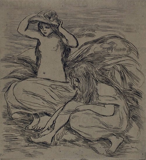 Two Women Bathing, c. 1895, Pierre Auguste Renoir, French, 1841-1919, France, Etching on tan wove paper, 262 × 242 mm (image), 262 × 242 mm (print), 478 × 397 mm (sheet)