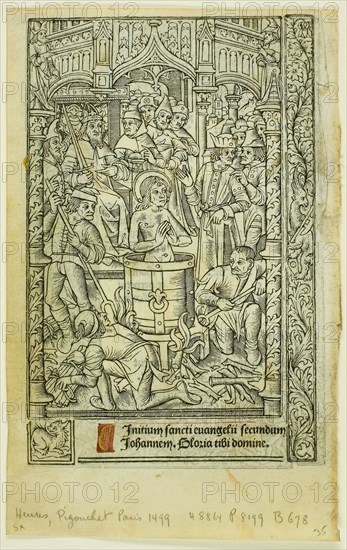 The Martyrdom of Saint John the Evangelist (recto), and December Calendar (verso), from Book of Hours, 1496/97, Philippe Pigouchet (French, active 1488-1518), published by Simon Vostre (French, active 1486–1518), France, Metalcut and letterpress in black with rubrication (recto/verso) on vellum, 136 × 88 mm