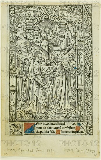 Visitation, from Book of Hours, n.d., Philippe Pigouchet (French, active 1488-1518), published by Simon Vostre (French, active 1486–1518), France, Woodcut, with hand-coloring, in black on paper, 138 × 88 mm
