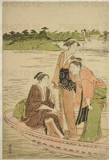 Ferry on the Rokugo River, c. 1784, Torii Kiyonaga, Japanese, 1752-1815, Japan, Color woodblock print, left sheet of oban diptych, 38.8 x 25.8 cm