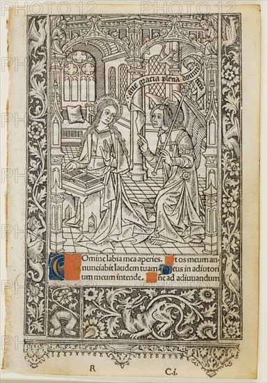 Annunciation, from the Book of Hours, n.d., Thielmann Kerver, German, active 1497-1524, Germany, Woodcut (or solf metal relief cut) in black, with hand-coloring, on parchment, 153 x 91 mm