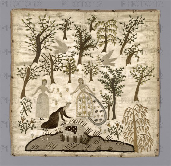 The Finding of Moses (Needlework), 19th century, England, Silk, satin weave, embroidered with silk and metal threads, 48.3 × 48.3 cm (19 × 19 in.)