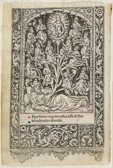 The Tree of Jesse, from a Book of Hours, n.d., Thielmann Kerver, German, flourished 1497-1524, Germany, Woodcut (or soft metal relief cut) on vellum (both sides), with touches of blue and red applied, 150 x 91 mm