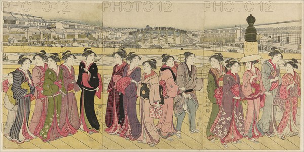 Crossing Nihonbashi Bridge, c. 1790, Katsukawa Shuncho, Japanese, active c. 1780-1801, Japan, Color woodblock print, oban triptych, Each 36.7 x 25.1 cm (14 7/16 x 9 7/8 in.)