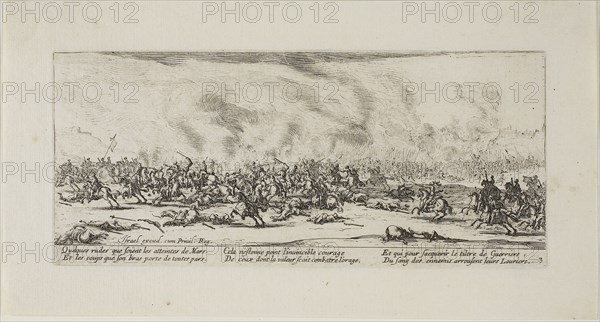 The Battle, plate three from The Miseries of War, 1633, Jacques Callot (French, 1592-1635), published by Israël Henriet (French, 1590-1661), France, Etching on paper, 82 × 186 mm (plate), 119 × 224 mm (sheet)