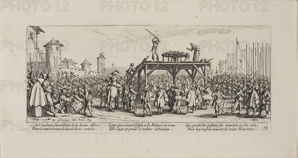 The Wheel, plate fourteen from The Miseries of War, 1633, Jacques Callot (French, 1592-1635), published by Israël Henriet (French, 1590-1661), France, Etching on paper, 81.5 × 185.5 mm (plate), 120 × 222 mm (sheet)