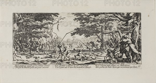 The Peasants Avenge Themselves, plate seventeen from The Miseries of War, 1633, Jacques Callot (French, 1592-1635), published by Israël Henriet (French, 1590-1661), France, Etching on paper, 82 × 187 mm (plate), 120 × 223 mm (sheet)