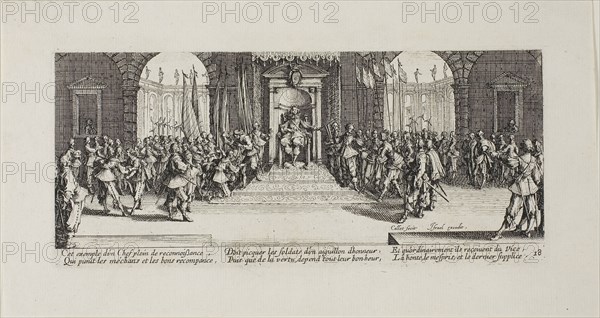 Distribution of Rewards, plate eighteen from The Miseries of War, 1633, Jacques Callot (French, 1592-1635), published by Israël Henriet (French, 1590-1661), France, Etching on paper, 82 × 188 mm (plate), 121 × 226 mm (sheet)