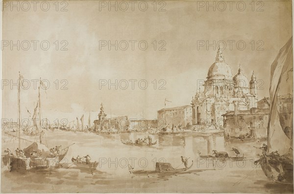 Bacino di San Marco with the Dogana del Mare and Santa Maria della Salute, c. 1793, Francesco Guardi, style of, Italian, 1712-1793, Italy, Pen and brown ink with brush and brown wash, over traces of graphite(?), on ivory laid paper, 430 x 646 mm