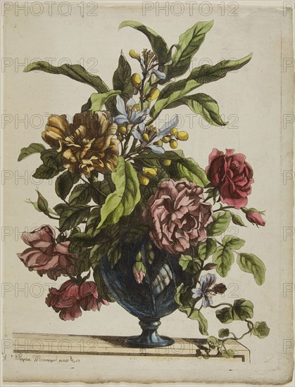 Vase of Flowers, 1660, Jean Baptiste Monnoyer, French, 1636-1699, France, Etching in black, with hand-coloring, on ivory paper, 280 × 216 mm (plate), 300 × 230 mm (sheet)