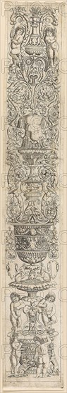 Four Children with a Cat and a Dog, plate nine from Twelve Ornament Panels, c. 1505–15, Giovanni Pietro da Birago, Italian, active 1470-1513, Italy, Engraving in black on ivory laid paper, 537 x 86 mm