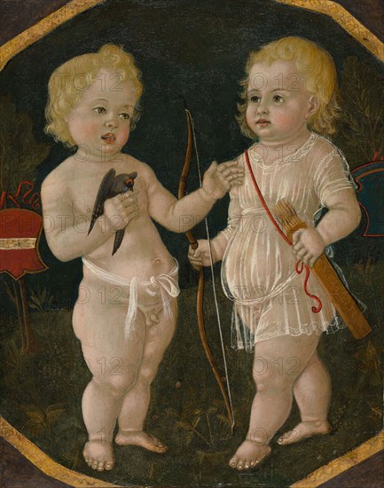Two Putti, 1490/1510, Matteo di Giovanni, Italian, c. 1430-1495, Italy, Tempera or oil on panel, Panel: 46.3 × 37.5 cm (18 1/4 × 14 3/4 in.), Painted Surface: 45.6 × 36.3 cm (18 × 14 1/4 in.)