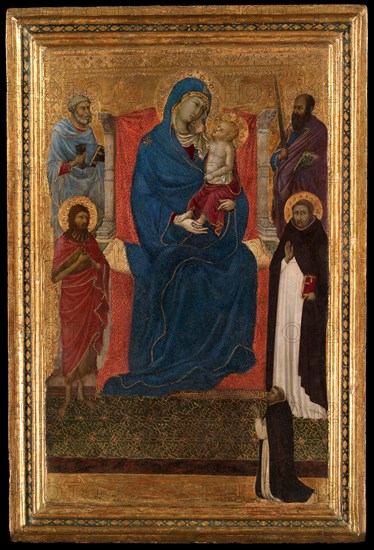 Virgin and Child Enthroned with Saints Peter, Paul, John the Baptist, and Dominic and a Dominican Supplicant, 1325/35, Attributed to Ugolino di Nerio, Italian, active 1317-1339/49, Italy, Tempera on panel, 37.2 × 23.2 cm (14 5/8 × 9 1/8 in.)
