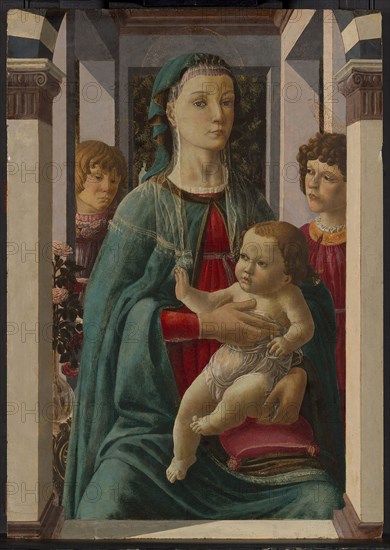 Virgin and Child with Two Angels, 1465/75, Attributed to Francesco Botticini, Italian, active by 1459–1497, Italy, Tempera on panel, 78.2 x 55.5 cm (30 3/4 x 21 1/4 in.)
