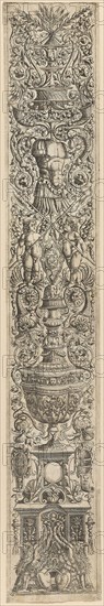 Griffins and Two Cupids Crossing Halberds, plate five of Twelve Ornament Panels, c. 1505–15, Giovanni Antonio da Brescia, Italian, c. 1460-1523, Italy, Engraving in black on grayish ivory laid paper, 534 x 86 mm