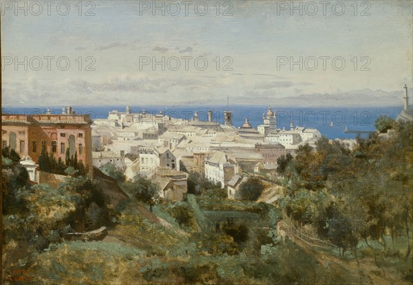 View of Genoa, 1834, Jean-Baptiste-Camille Corot, French, 1796-1875, France, Oil on paper mounted on canvas, 11 5/8 × 16 3/8 in. (29.5 × 41.7 cm)