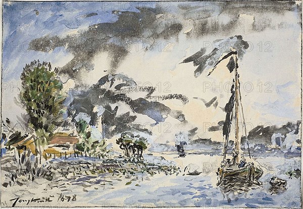 Fishing Boat, 1878, Johan Barthold Jongkind, Dutch, 1819-1891, Holland, Watercolor and gouache, with black chalk, on cream laid paper, 184 x 266 mm