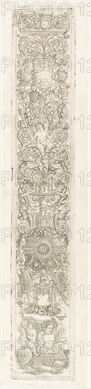 Triton Ridden by a Child, plate one of Twelve Ornament Panels, c. 1505–20, Giovanni Pietro da Birago, Italian, active 1470-1513, Italy, Engraving on cream laid paper, 533 x 92 mm (plate), 555 x 124 mm (sheet)