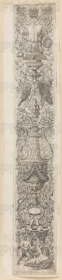 Two Children Wearing Helmets, plate three of Twelve Ornament Panels, c. 1505–20, Giovanni Pietro da Birago, Italian, active 1470-1513, Italy, Engraving in black on ivory laid paper, 528 x 88 mm (plate), 536 x 114 mm (sheet)