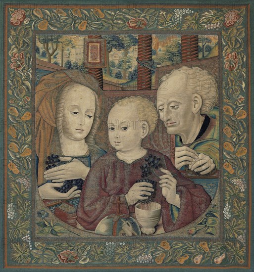 The Holy Family with the Infant Christ Pressing the Wine of the Eucharist, 1485/1525, Southern Netherlands, Southern Netherlands, Linen, wool, silk and gilt-metal-strip-wrapped silk, slit tapestry weave, 75.6 x 68.2 cm (29 3/4 x 26 7/8 in.)