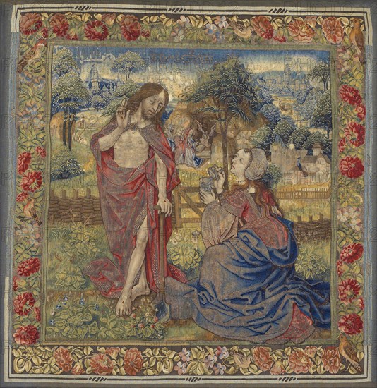 Christ Appearing to Mary Magdalene (Noli Me Tangere), 1485/1500, Southern Netherlands, possibly Brussels, Southern Netherlands, Wool, silk, and gilt-metal-strip-wrapped silk, slit tapestry weave with some 2:2 interlacing in alternate alignment of some gilt-metal-strip-wrapped silk wefts, 111.2 × 111.5 cm (43 3/4 × 43 7/8 in.)