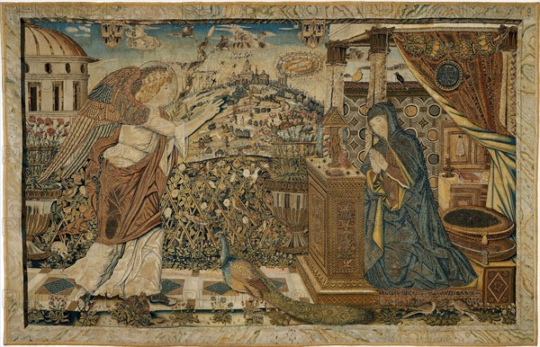The Annunciation, 1484/1519, After a design by an artist in the circle of Andrea Mantegna (Italian, 1431–1506), Mantua, Wool, silk, and gilt- and silvered-metal-strip-wrapped silk, slit, dovetailed and interlocking tapestry weave, 179.4 x 113.7 cm (70 5/8 x 44 3/4 in.)