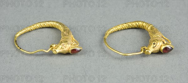 Pair of Earrings with Ibex Head Finials, 3rd century BC, Greek, Ancient Greece, Gold and garnet