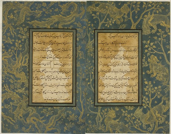 The Illuminated Border of Animals, double page from a copy of the Gulistan of Sa’di, Safavid dynasty (1501–1722), 16th century, Iran, Iran, Opaque watercolor, gold, and ink on paper, 28.9 x 36.8 cm (11 3/8 x 14 1/2 in.), each page width: 18.4 cm (7 3/16 in.)