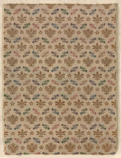 Fragment, 17th century, France or Italy, Italy, Silk, gold and silver gilt strips wound around silk fiber core, plain weave with supplementary patterning and brocading weft tied in twill interlacing polychrome, 73 x 54.8 cm (28 3/4 x 21 1/2 in.)