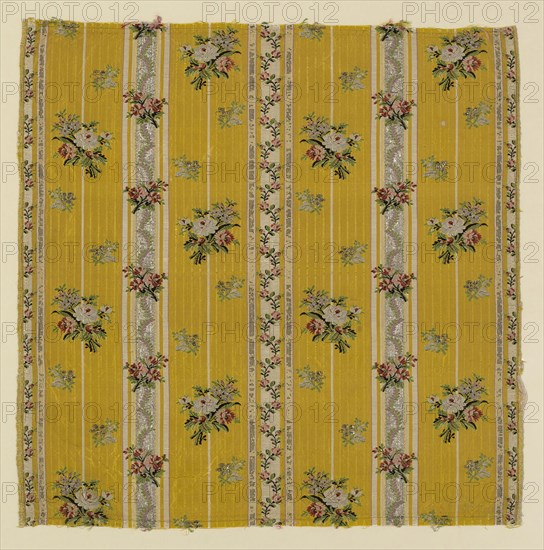 Fragment, 1770/80, France, Silk, silvered-metal strips, and silvered-metal-strip-wrapped silk (frisé), plain weave with supplementary patterning warps and supplementary brocading wefts, 54.1 × 54.1 cm (21 1/4 × 21 1/4 in.)