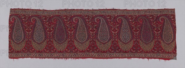 1937.1231b, c. 1820, India, India, Wool, double interlocking 2:2 'S' twill tapestry weave, main warp fringe, 39.4 x 126.3 cm (15 1/2 x 49 3/4 in.)