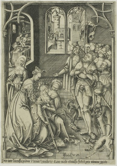 The Suicide of Lucretia, 1500–03, Israhel van Meckenem the Younger, German, c. 1440/45-1503, Germany, Engraving printed in black on buff laid paper, 266 x 189 mm