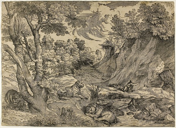 Saint Jerome in the Wilderness, 1525–30, Nicolò Boldrini (Italian, c. 1500–1566), after Titian (Italian, c. 1488-1576), Italy, Woodcut in black on paper, 382 × 527 mm