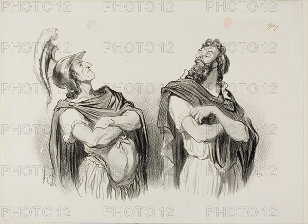 Achilles and Agamemnon. Achilles:, And what do I care about your Troy!, plate one from Physionomies Tragiques, 1851, Honoré Victorin Daumier, French, 1808-1879, France, Lithograph in black, with pen and brown ink and red and blue adhesive spots, from detached caption label, on white wove paper, 202 × 288 mm (image), 261 × 352 mm (sheet)