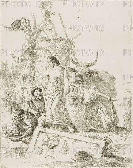 Young Shepherds and Old Man with a Monkey, from Scherzi, 1735–40, Giambattista Tiepolo, Italian, 1696-1770, Italy, Etching printed in black on paper, 225 x 176 mm (plate), 392 x 268 mm (sheet)