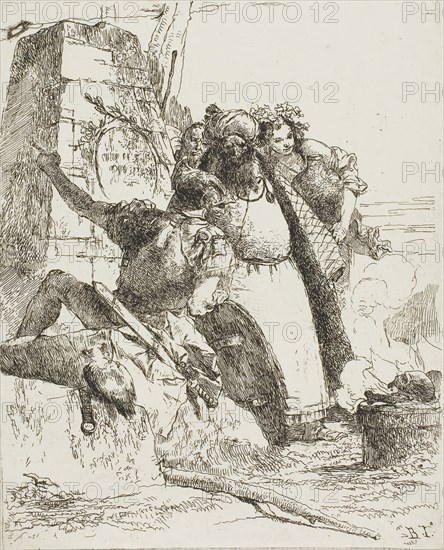 A Magician, A Soldier, and Three Figures Watching a Burning Skull, from Scherzi, 1735–40, Giambattista Tiepolo, Italian, 1696-1770, Italy, Etching printed in black on paper, 222 x 178 mm (plate), 398 x 271 mm (sheet)