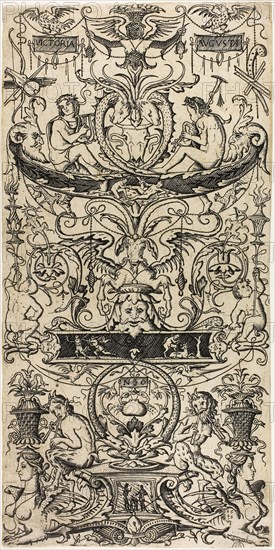 Ornamental Panel: Victoria Augusta, c. 1507, Nicoletto da Modena, Italian, active c. 1500–c. 1520, Italy, Engraving in black on ivory paper, 261 x 130 mm