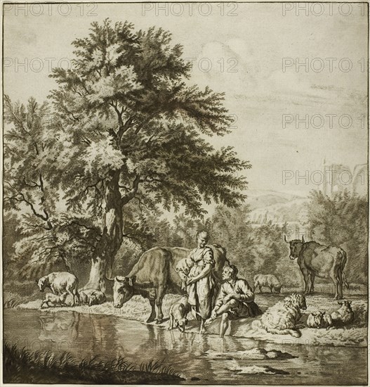 Two Shepherds with Cattle, n.d., Jacob Cornelis Ploos van Amstel (Dutch, 1726-1798), after Adriaen van de Velde (Dutch, 1636-1672), Holland, Mixed process print on paper, 257 x 247 mm