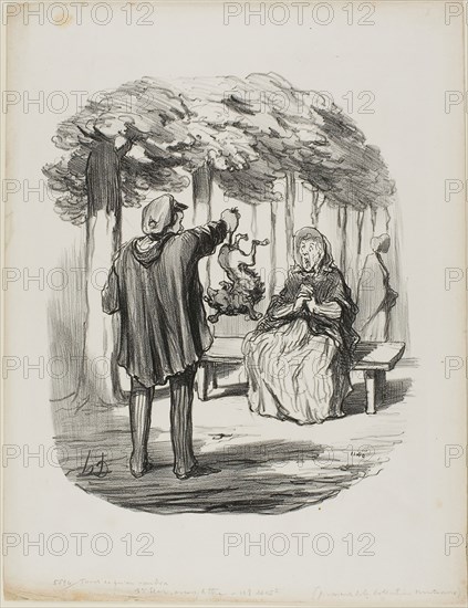 Is this your dog here?, plate 20 from Tout Ce Qu’on Voudra, November 4, 1847, Honoré Victorin Daumier, French, 1808-1879, France, Lithograph in black on white wove paper, 267 × 228 mm (image), 360 × 278 mm (sheet)