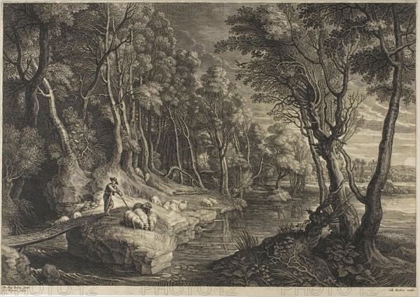 Forest Crossed by a Stream, from The Small Landscapes, c. 1638, Schelte Adamsz. Bolswert (Dutch, active in Flanders, c. 1586–1659), after Peter Paul Rubens (Flemish, c. 1577-1640), Flanders, Engraving on cream laid paper, 304 × 443 mm (image), 317 × 450 mm (plate/sheet)