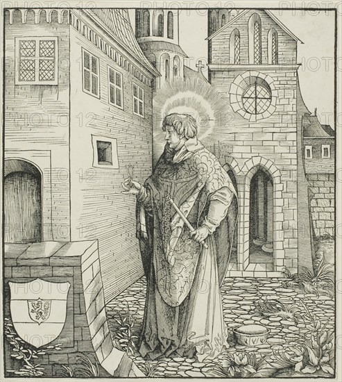 Saint Ferreolus, from Saints Connected with the House of Habsburg, 1517, Leonhard Beck (German, c. 1480-1542), carved by Hans Franck (German, c. 1485-1522), Germany, Woodcut in black on ivory wove paper, 238 x 215 mm (image), 243 x 217 mm (sheet)