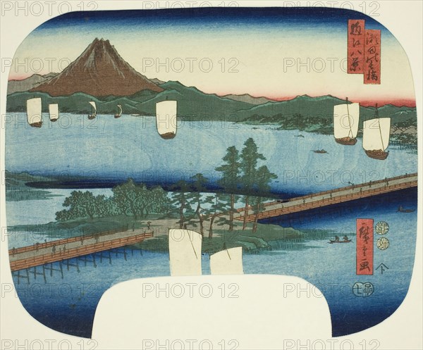 Long Bridge at Seta (Seta no nagahashi), from the series Eight Views of Omi (Omi hakkei), 1852, Utagawa Hiroshige ?? ??, Japanese, 1797-1858, Japan, Color woodblock print, uchiwa-e, 22.9 x 28.7 cm (11 5/16 x 9 in.)