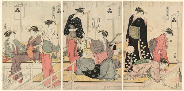 Cooling Off in the Evening at Shijogawara, c. 1784, Torii Kiyonaga, Japanese, 1752-1815, Japan, Color woodblock print, oban triptych, 39.1 x 78.1 cm (overall), 39.1 x 26.1 cm (right sheet), 39.1 x 26.2 cm (center sheet), 39.1 x 25.8 cm (left sheet)